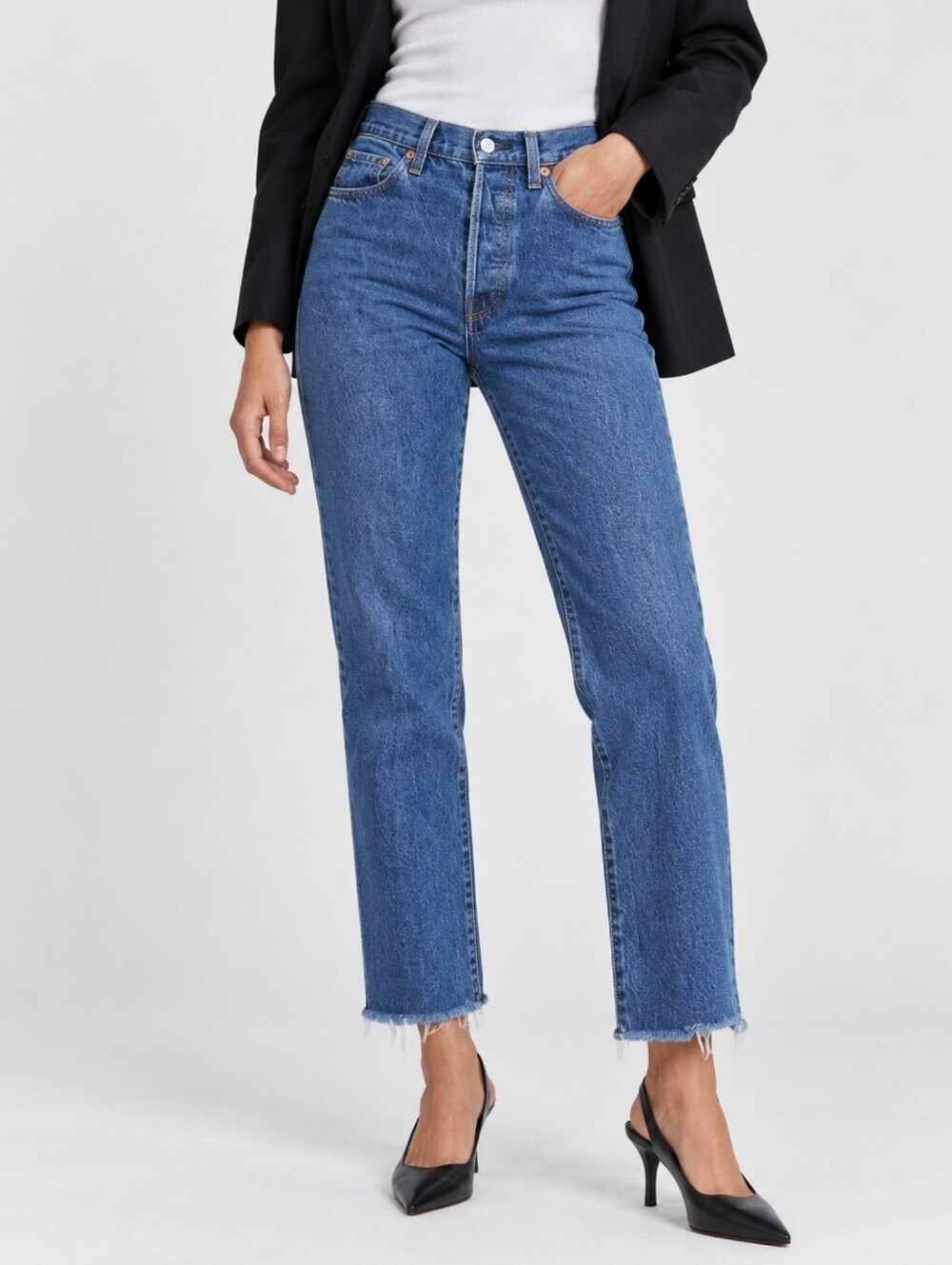 Levi’s Wedgie Straight High Rise Jeans 24 Medium Wash Raw Fray Hem 90s Denim